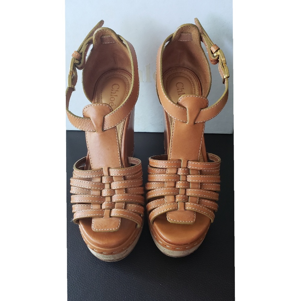 Chloe Tuscon T-strap Leather Cork Platform Wedge
